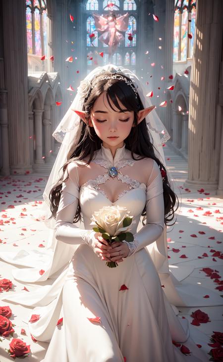 45426-1668860920-masterpiece, best quality, 1girl, elf bride, white flowing bridal dress, (rose petals_1.3), church, sunbeam, volumetric lighting.png